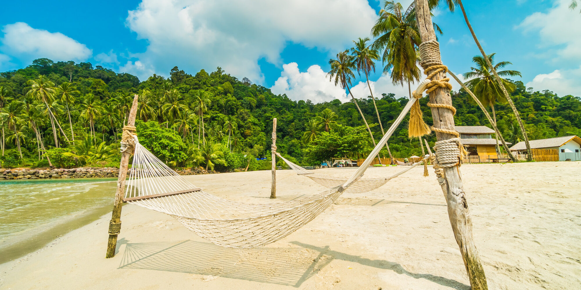 Férias de Julho Redes amarradas em árvores à beira da praia